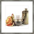 Still Life With Old Cup Rose And Coffe Pot Framed Print