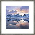 Sunrise And Mountains Reflected In Sand Framed Print