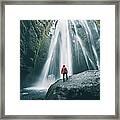 Tourist On A Rock Admiring Gljufrabui Waterfall, Iceland Framed Print