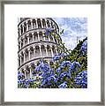 Tower Of Pisa With Blue Flowers Framed Print