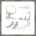 Two Cats Sit On The Front Yard Remarking At A Dog Framed Print