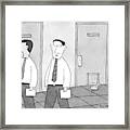 Two Men Walk Past An Office With A Doggie Door Framed Print