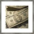 Us Currency: Wads Of Us Bills Fastened With Rubber Bands, Close-up Framed Print