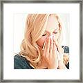 Woman Blowing Nose With Tissue Framed Print