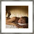 Woman Relaxing In Sauna Framed Print