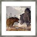 Woolly Rhino And Cave Lion Framed Print