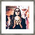 Young Woman With Skeleton Make-up Holding Skull At Halloween Party Framed Print