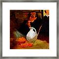 Breaktime With Oranges And Milk Jug Man Deep In Philosophical Thought With Mysterious Boy Servant Framed Print