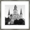 Cathedral And Lampost On Jackson Square In The French Quarter New Orleans Black And White Framed Print