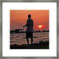 Fisherman And Lighthouse Sunset Framed Print