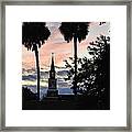 Old Church Lit At Twilight While Black Cat Waits Framed Print