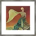 Winged Rock Fantasy In Green Orange Stones Sky Feathers Bold Woman Nude Breasts Framed Print