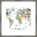 Animal Map Of The World For Children And Kids Framed Print