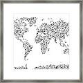 Music Notes Map Of The World #1 Framed Print