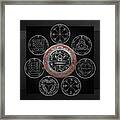 Silver Seal Of Solomon Over Seven Pentacles Of Saturn On Black Canvas  #1 Framed Print