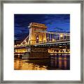 Szechenyi Chain Bridge In Budapest At Night #1 Framed Print