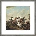 A Cavalry Skirmish With Shooters Firing On A Roof Framed Print