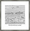 A Fish Skeleton With A Head Speaks To Another Framed Print