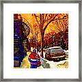 After The Hockey Game A Winter Walk At Sundown Montreal City Scene Painting  By Carole Spandau Framed Print