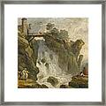 An Artist Sketching With Other Figures Beneath A Waterfall Framed Print