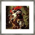 Arab Horseman Attacked By A Lion Framed Print