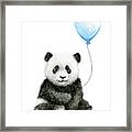 Baby Panda With Blue Balloon Watercolor Framed Print