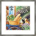 Bicycle With Basket At The Cafe Window Framed Print