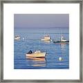 Boats In A Harbor - Ocean Sunrise Framed Print