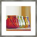 Bottles With Hoops On Shelf, Brown, Yellow, Green, Orange, And Purple Framed Print
