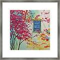 Bouganvilla And Blue Shutter Framed Print