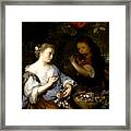 Boy Playing A Flute To A Young Woman Framed Print
