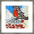 Bullfinch On Branch Of Ashberry Tree, Painting Framed Print