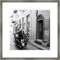 Bw Girl Riding On Motorcycle With Handsome Bike Rider Speed Stone Paved Street Nafplion Greece Framed Print