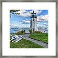 Chairs At Newport Harbor Lighthouse Framed Print