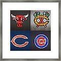 Chicago Sports Fan Recycled Vintage Illinois License Plate Art Bulls Blackhawks Bears And Cubs Framed Print
