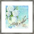 Cottage At The Shore 1 White Hydrangea Bouquet W Driftwood Starfish Sea Glass And Seashell Framed Print