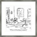 Executive Running From His Office With Surfboard Framed Print