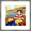 Fisherman In Boat With Seagulls And Cliffs Framed Print