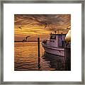 Fishing Boat And Gulls At Sunrise Framed Print