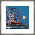 Full Moon Rising Above The Gulf Of Mexico - Historic Pleasure Pier - Galveston Island Texas Framed Print