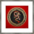 Golden Chinese Dragon Fucanglong On Red Leather Framed Print