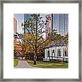 Golden Hour Fall Panorama Of Downtown Houston And St. John Church At Sam Houston Park - Texas Framed Print