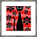 Groovy Flowers With Cat Red And Light Red Framed Print