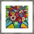 Happy Bouquet Of Poppies And Colorful Wildflowers On Round Yellow Table Impasto Abstract Flowers Framed Print