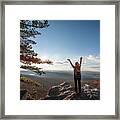 Happy Female Hiker At The Summit Of An Appalachian Mountain Framed Print