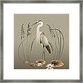 Heron And Lotus Flowers Framed Print