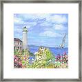 Illustrated Lighthouse By Summer Garden Framed Print
