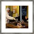 Japanese Chef In Kitchen Grills Fish On Indoor Coal Fire Tokyo Japan Framed Print