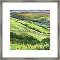 Landscape With Hills Creek And Flowers Watercolor Framed Print