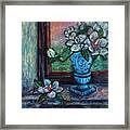 Magnolias In A Blue Vase By The Window Framed Print